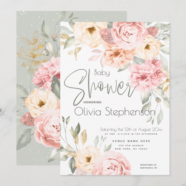 Baby Shower Blush Pink and Ivory Peonies Invitation (Front/Back)
