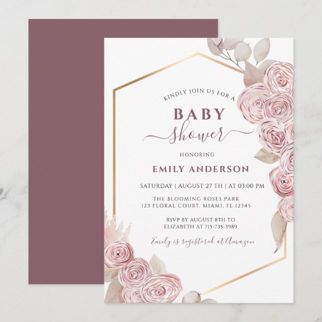  Baby Shower Blush Pink Floral and Golden  Invitation (Front/Back)