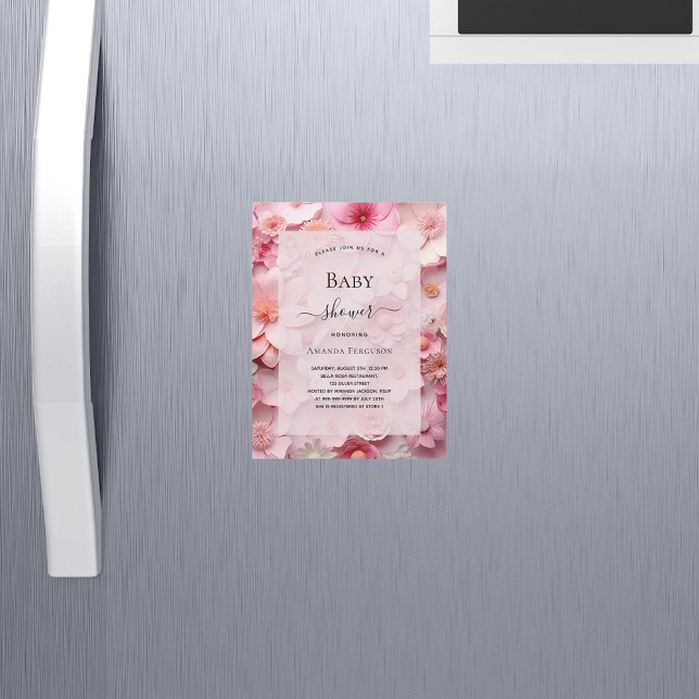 Baby Shower blush pink flowers girl luxury Magnetic Invitation (Creator Uploaded)