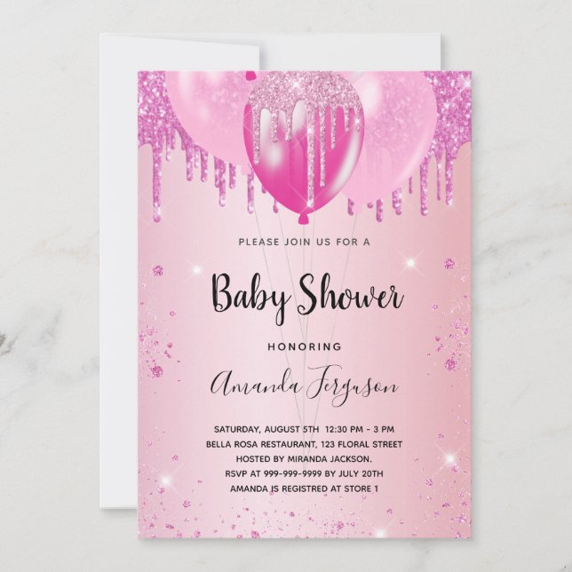 Baby Shower blush pink glitter dust balloons girl Invitation (Front)