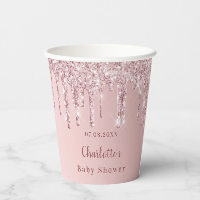 Baby Shower blush pink glitter monogram Paper Cups (Back)