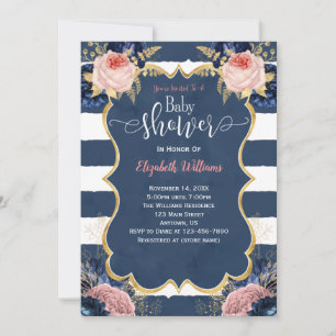 Baby Shower Blush Pink Navy Blue Floral Invitation