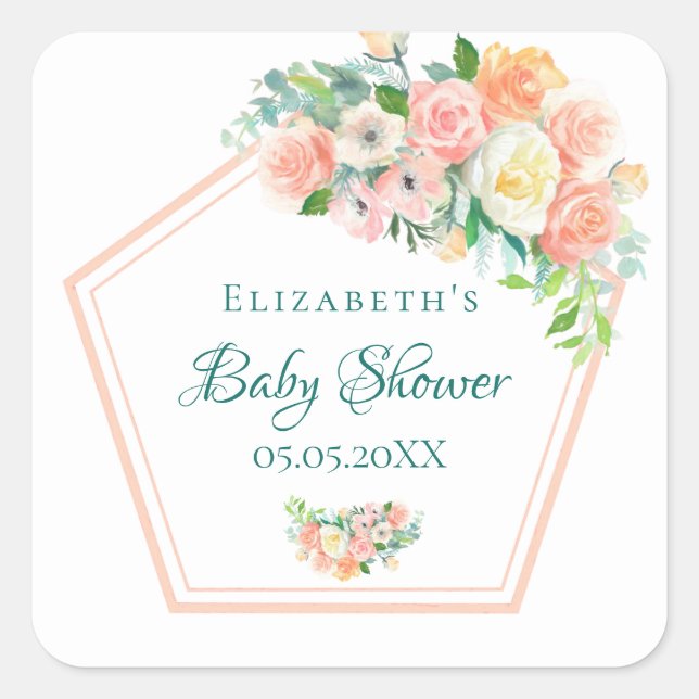 Baby Shower blush white florals rose gold geo Square Sticker (Front)