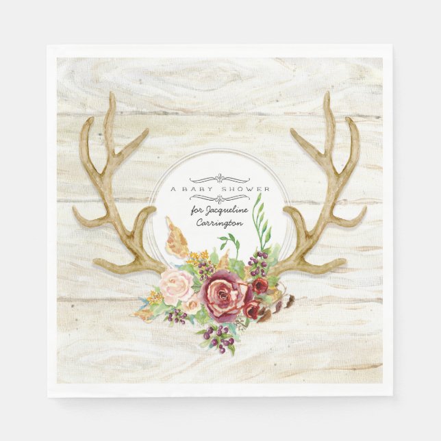 Baby Shower Boho Blush Burgundy Rose Deer Antlers Napkin (Front)