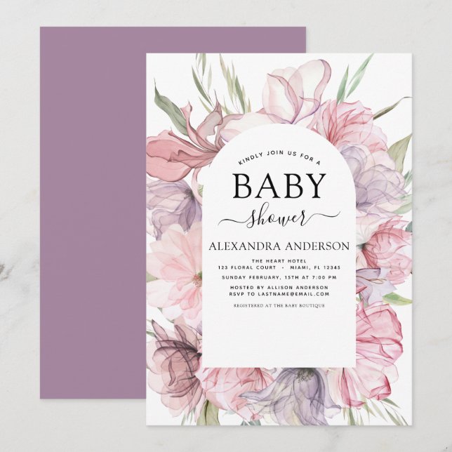 Baby Shower Boho Dusty Pink Purple Invitation (Front/Back)