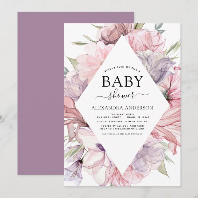 Baby Shower Boho Dusty Pink Purple Invitation (Front/Back)