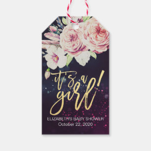 Baby Shower Boho Floral Feather Purple Bokeh Light Gift Tags