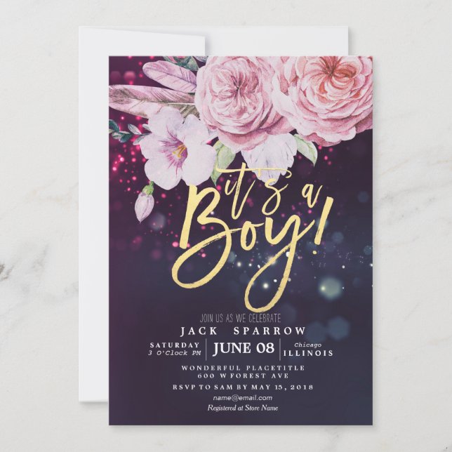 Baby Shower Boho Floral Feather Purple Bokeh Light Invitation (Front)