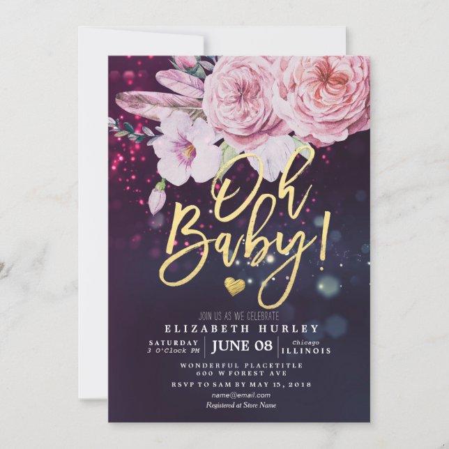 Baby Shower Boho Floral Feather Purple Bokeh Light Invitation (Front)