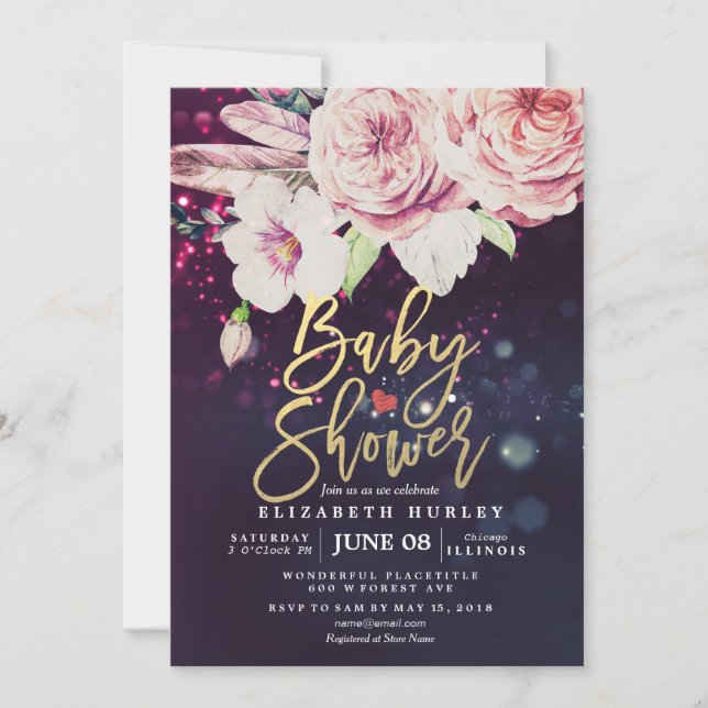 Baby Shower Boho Floral Feather Purple Bokeh Light Invitation (Front)