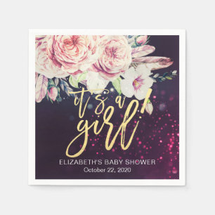 Baby Shower Boho Floral Feather Purple Bokeh Light Napkin