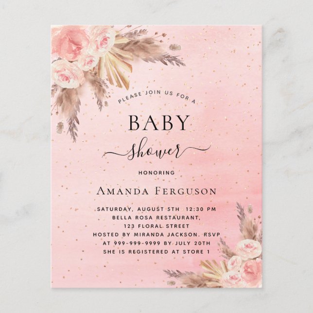 Baby shower boho pampas grass blush pink budget flyer (Front)