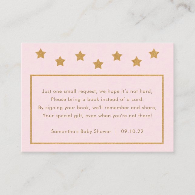 Baby Shower book request, blush pink gold stars Enclosure Card (Front)