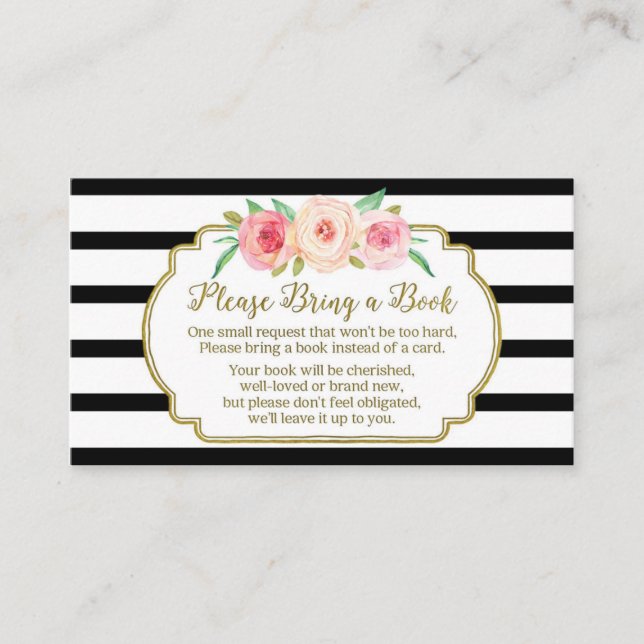 Baby Shower Book Request Card Pink Floral Black (Front)