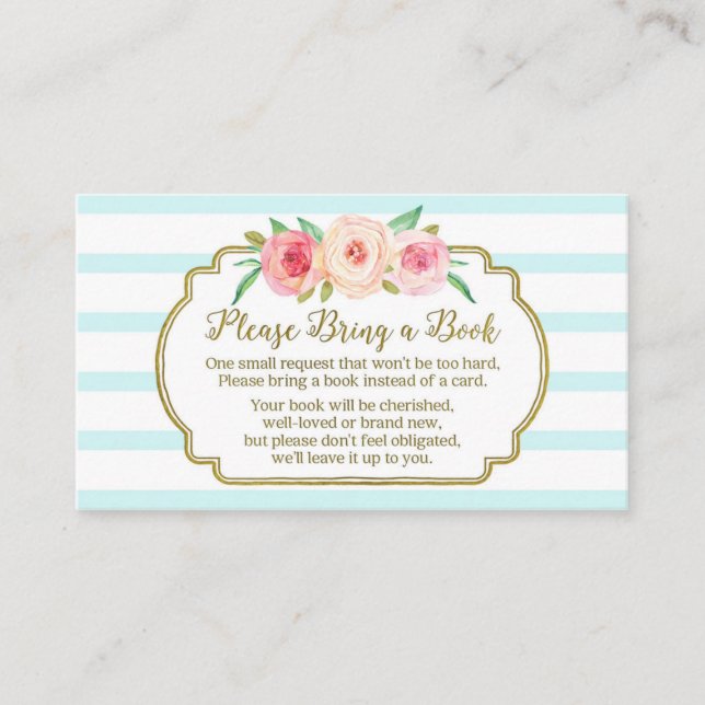 Baby Shower Book Request Card Pink Floral Blue (Front)