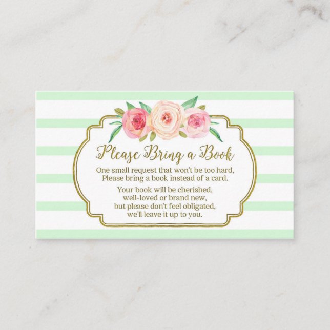 Baby Shower Book Request Card Pink Floral Mint (Front)