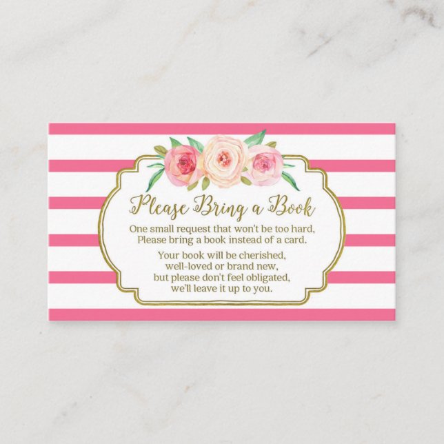Baby Shower Book Request Card Pink Floral Stripes (Front)