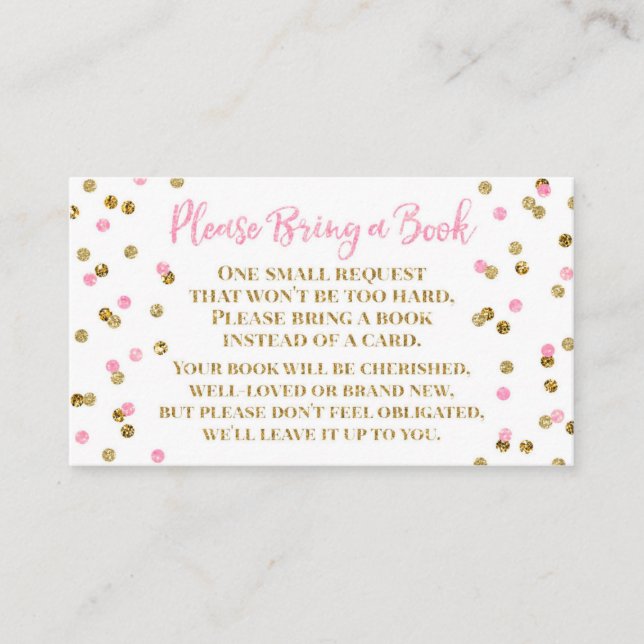Baby Shower Book Request Pink Gold Confetti Enclosure Card (Front)