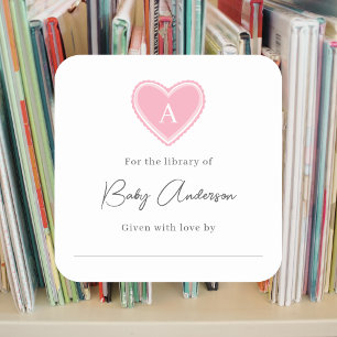 Baby shower bookplate monogram heart square sticker