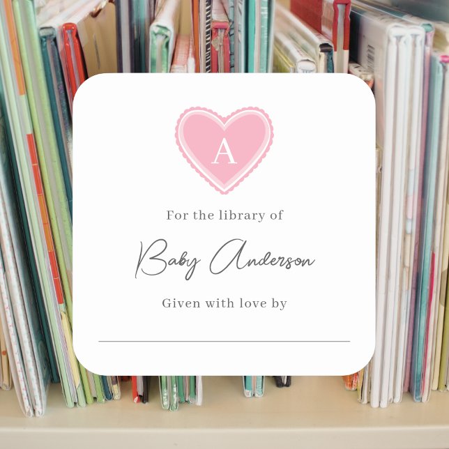 Baby shower bookplate monogram heart square sticker (Creator Uploaded)