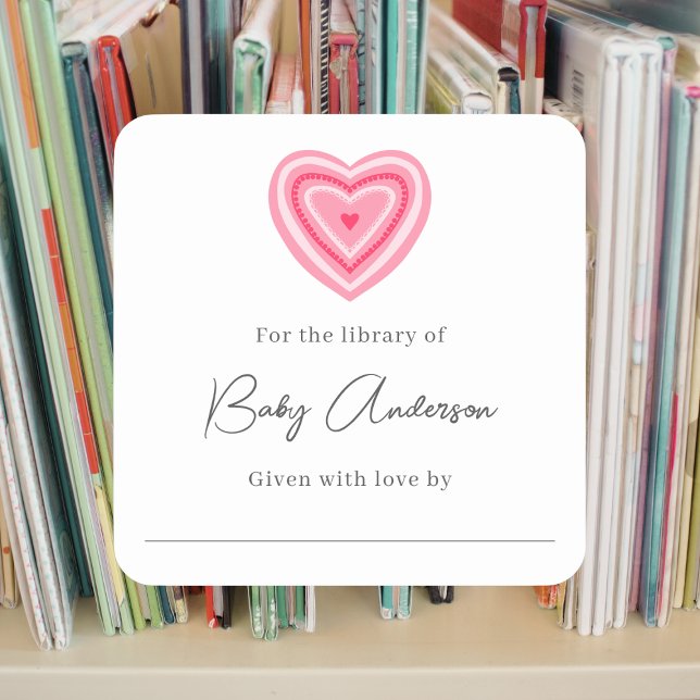 Baby shower bookplate pink valentine heart square sticker (Creator Uploaded)