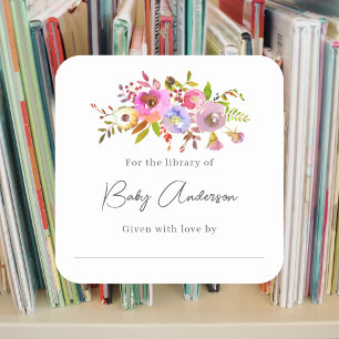Baby shower bookplate pink watercolor floral square sticker