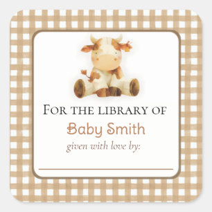 Baby Shower Bookplate Sticker with Plush Cow