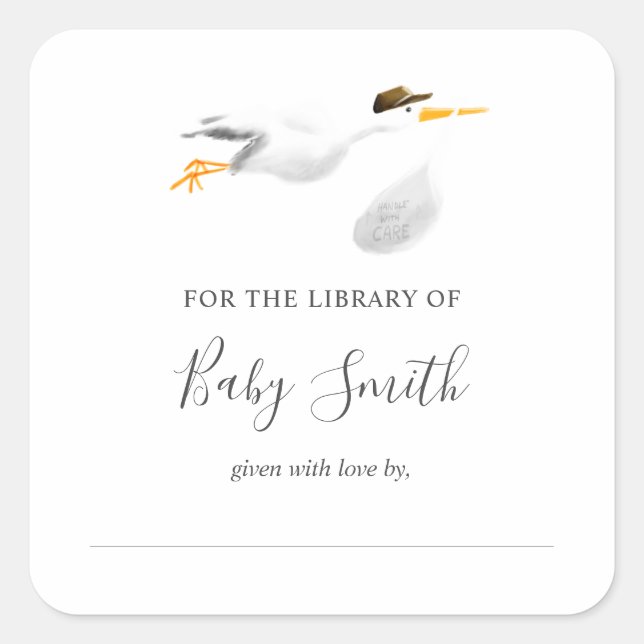 Baby Shower Bookplate Stork Sticker (Front)