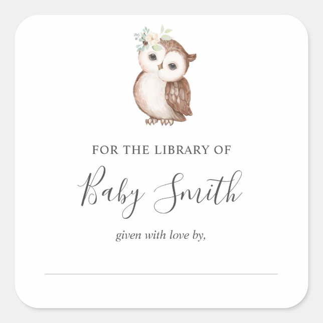 Baby Shower Bookplate Woodland Owl Sticker (Front)