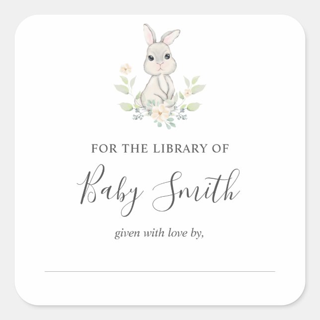 Baby Shower Bookplate Woodland Rabbit Sticker (Front)
