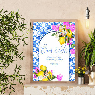 Baby Shower books and gift sign Blue Tiles Lemons