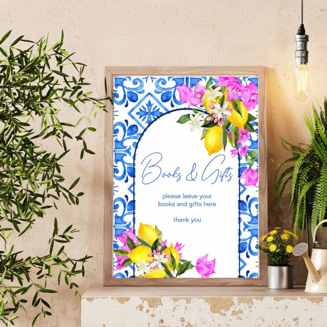 Baby Shower books and gift sign Blue Tiles Lemons  (Baby Shower books and gifts table sign Blue Tiles Lemons bougainvillea Mediterranean  decor)