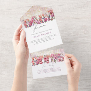 Baby Shower & Books for Baby Floral Pink Gold  All In One Invitation