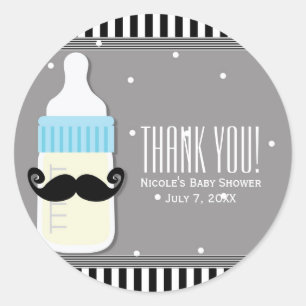 Baby Shower Bottle & Moustache Modern Favour Classic Round Sticker