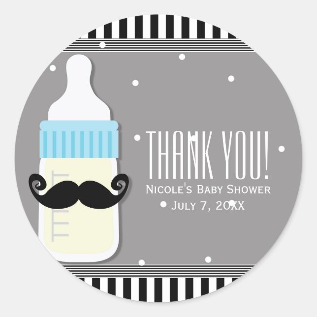 Baby Shower Bottle & Moustache Modern Favour Classic Round Sticker (Front)