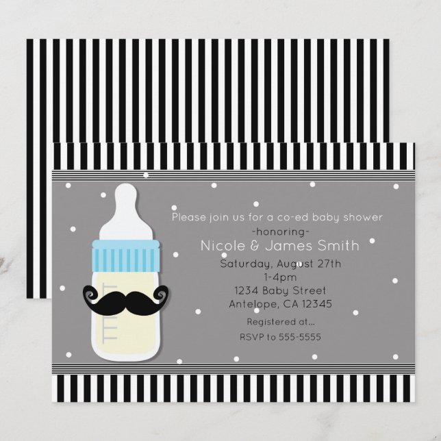 Baby Shower Bottle & Moustache Modern Invitation (Front/Back)