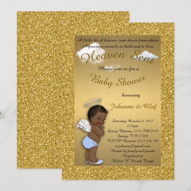 Baby Shower Boy, Afro American,Baby Angel,Gold Invitation (Front/Back)
