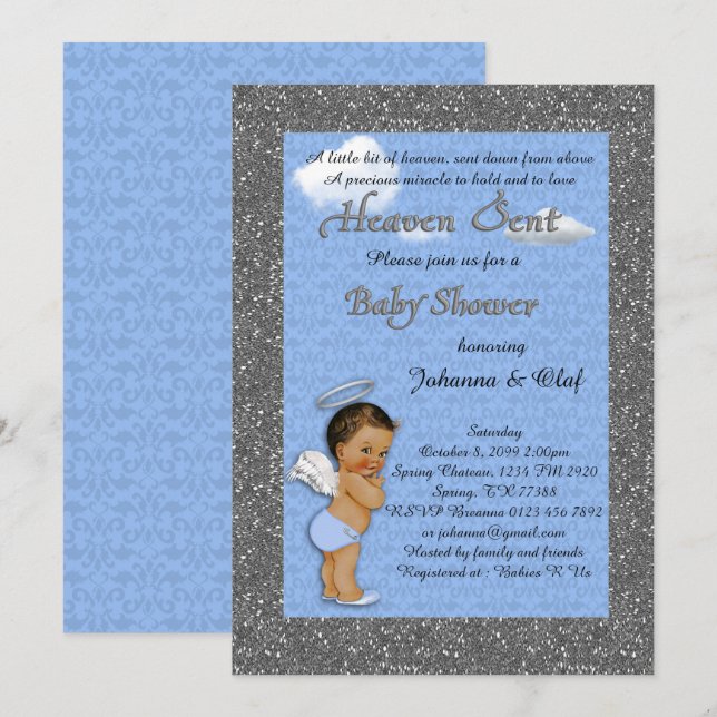 Baby Shower Boy, Baby Angel,Blue, glitter, silver Invitation (Front/Back)