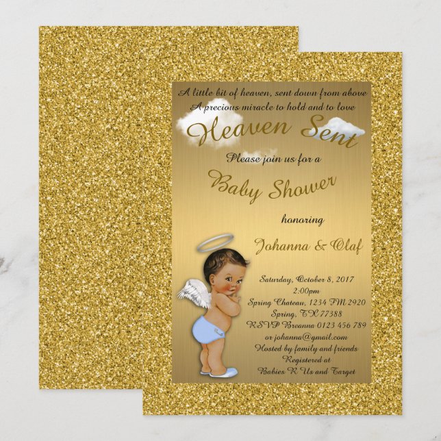 Baby Shower Boy, Baby Angel, glitter, Gold, braket Invitation (Front/Back)