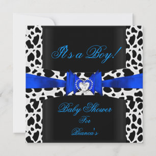 Baby Shower Boy Baby Blue Black White Cow Print Invitation
