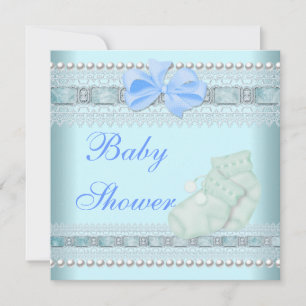 Baby Shower Boy Baby Blue Booties Pearl Lace Invitation