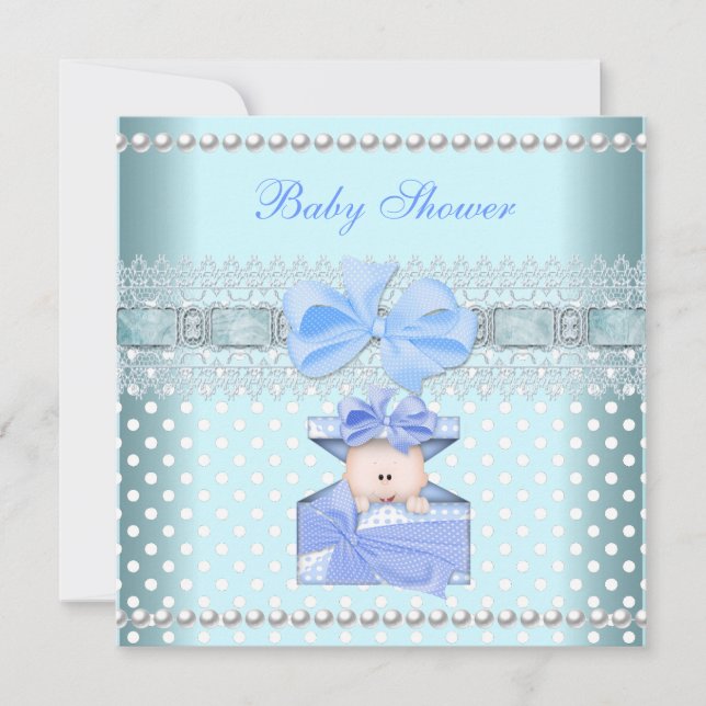 Baby Shower Boy Baby Blue Gift Pearl Lace Spot Invitation (Front)