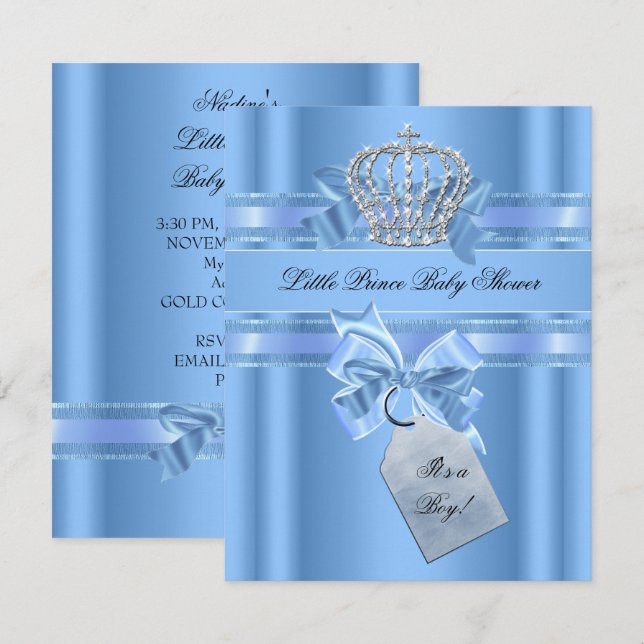 Baby Shower Boy Baby Blue Little Prince Crown Bow Invitation (Front/Back)