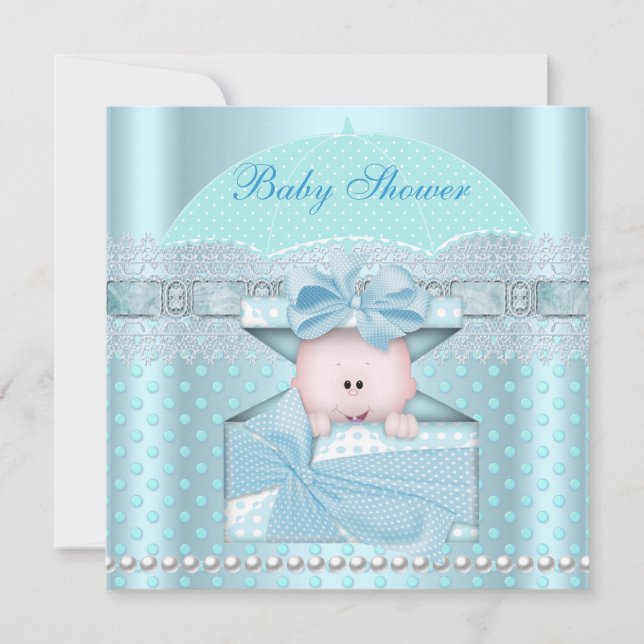 Baby Shower Boy Baby Blue Teal Umbrella Spot Invitation (Front)