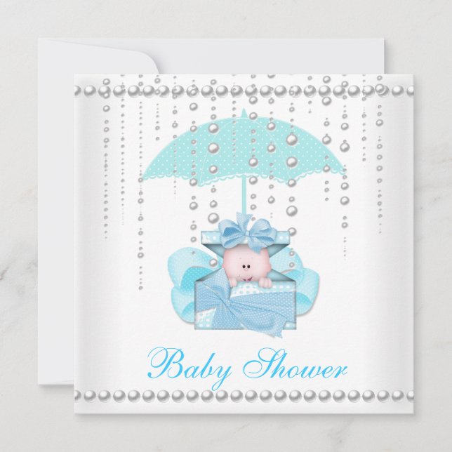 Baby Shower Boy Baby Blue Umbrella Pearl White Invitation (Front)