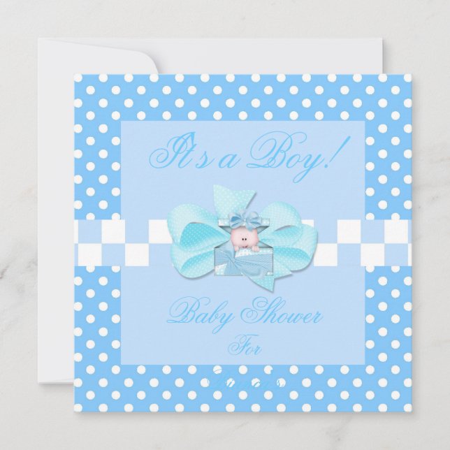 Baby Shower Boy Baby Blue White Polka Dots Check Invitation (Front)
