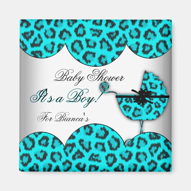 Baby Shower Boy Baby Leopard Blue Pram Magnet (Front)