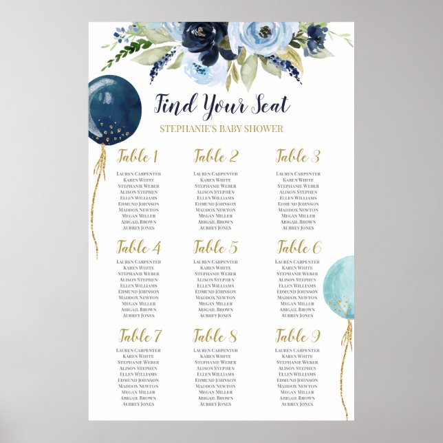 Baby Shower Boy Balloons Seating Chart (Front)