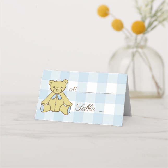 Baby Shower Boy Bear Blue White Plaid Place Card (Front)