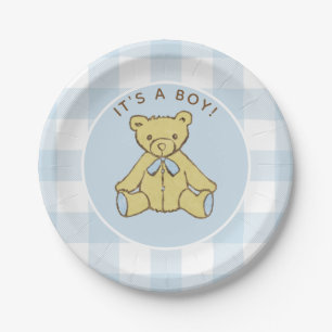 Baby Shower Boy Bear with Blue Buffalo Check Paper Plate